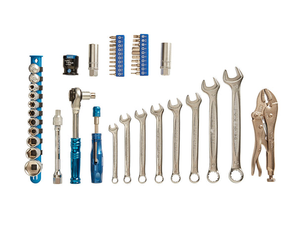 Motorcycle Tool Kit for BMW adventure bike, laid out