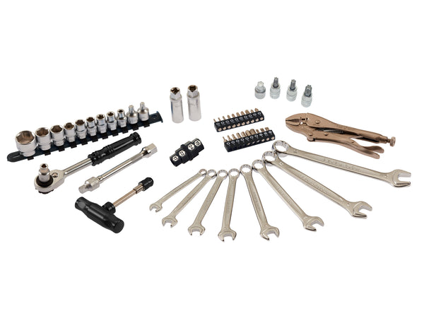 Motorcycle tool kit, triple black, laid out