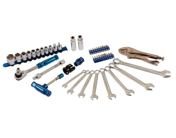 Motorcycle Tool Kit for BMW adventure bike, showing all tools